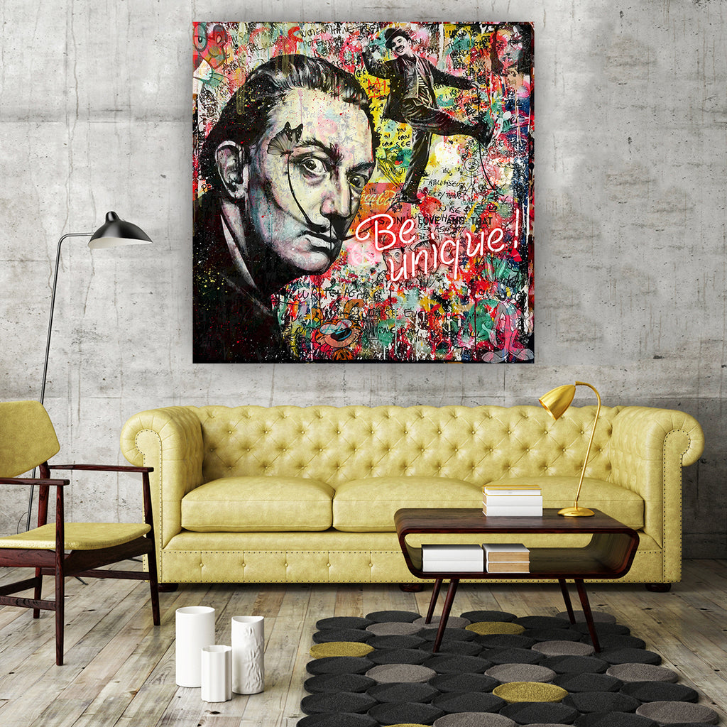 "Be Unique" – Dali & Chaplin Hand-Embellished Mixed Media Canvas