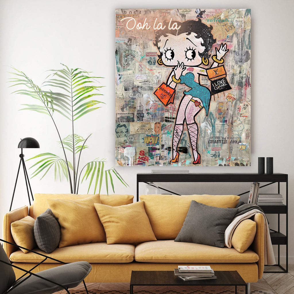 "Betty in the City" – Inspired by Boop: Hand-Embellished Mixed Media Canvas