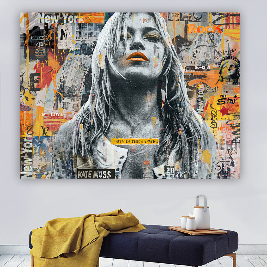 "Love is the Answer" – Inspired by Kate Moss: Hand-Embellished Mixed Media Canvas