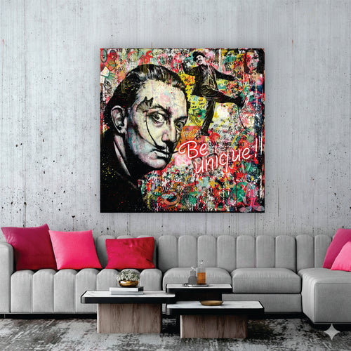 "Be Unique" – Dali & Chaplin Hand-Embellished Mixed Media Canvas